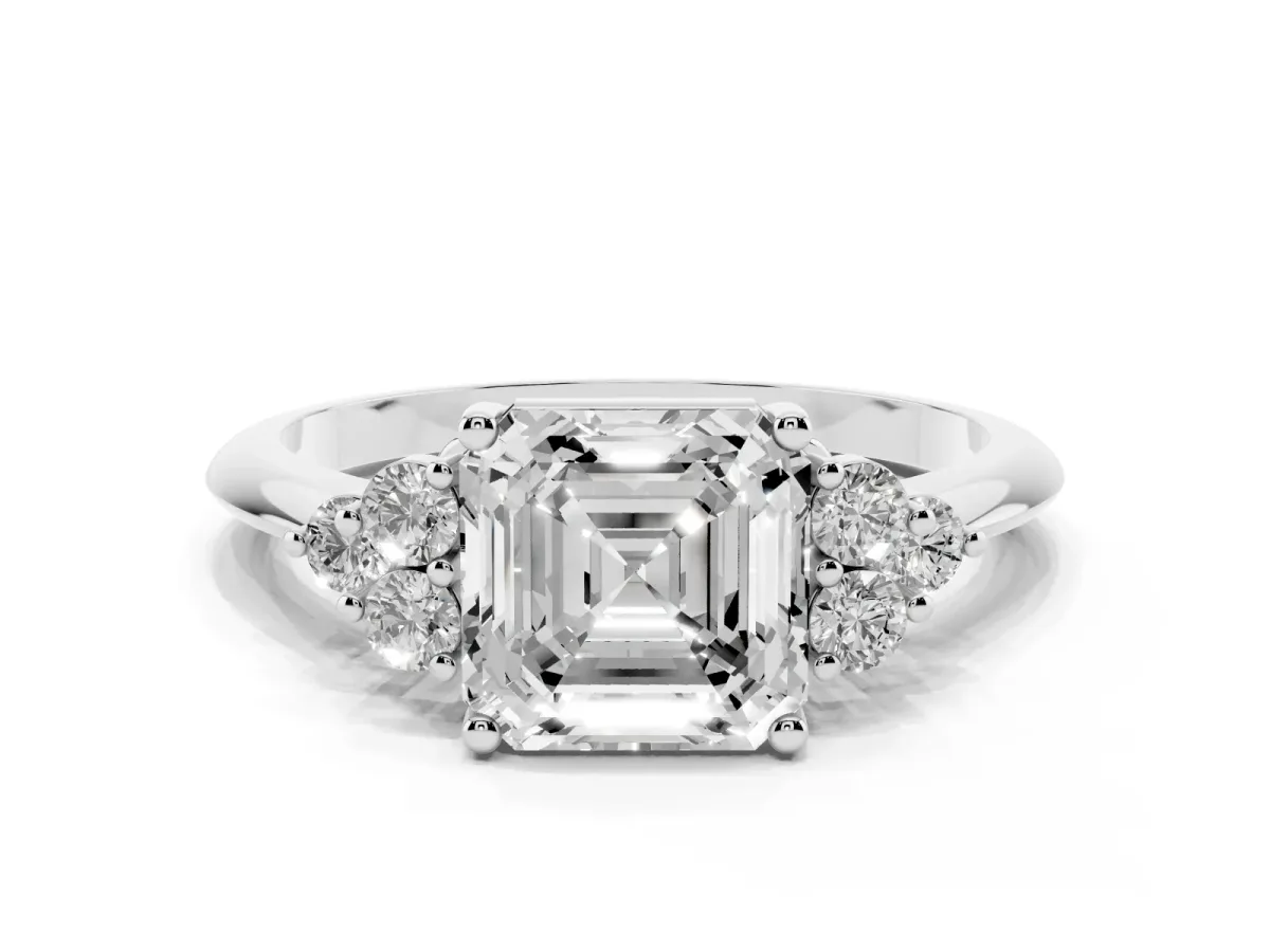 Asscher Cut Cut Diamond Cluster Ring with Solitaire Band and Four-Prong Setting Platinum