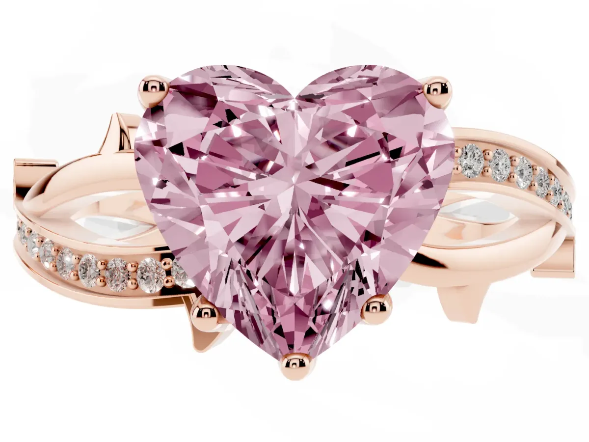 Fancy Pink Heart Cut Solitaire Twist Band with Pavé Accents and Four-Prong Setting Rose gold