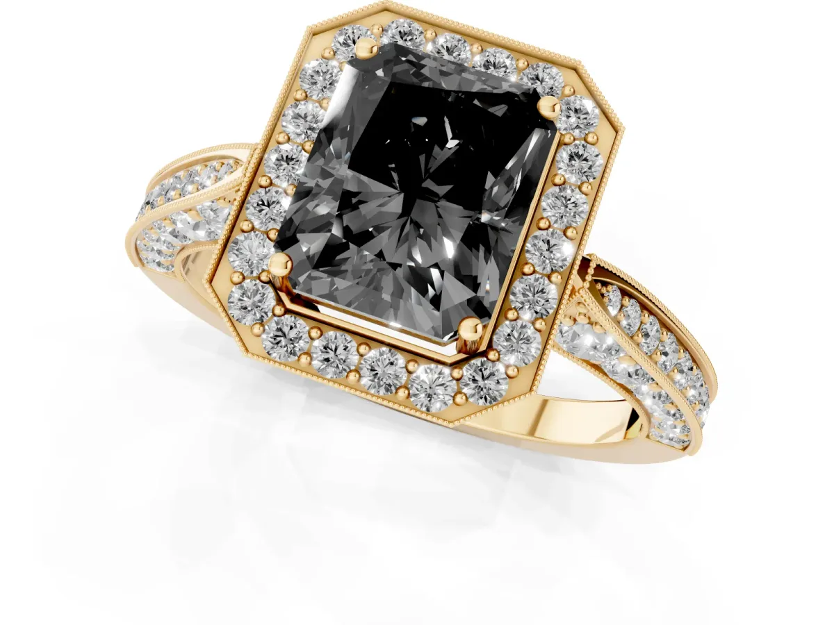 Fancy Black Radiant Cut Halo Diamond Engagement Ring with Split Shank Band and Four-Prong Setting Yellow gold