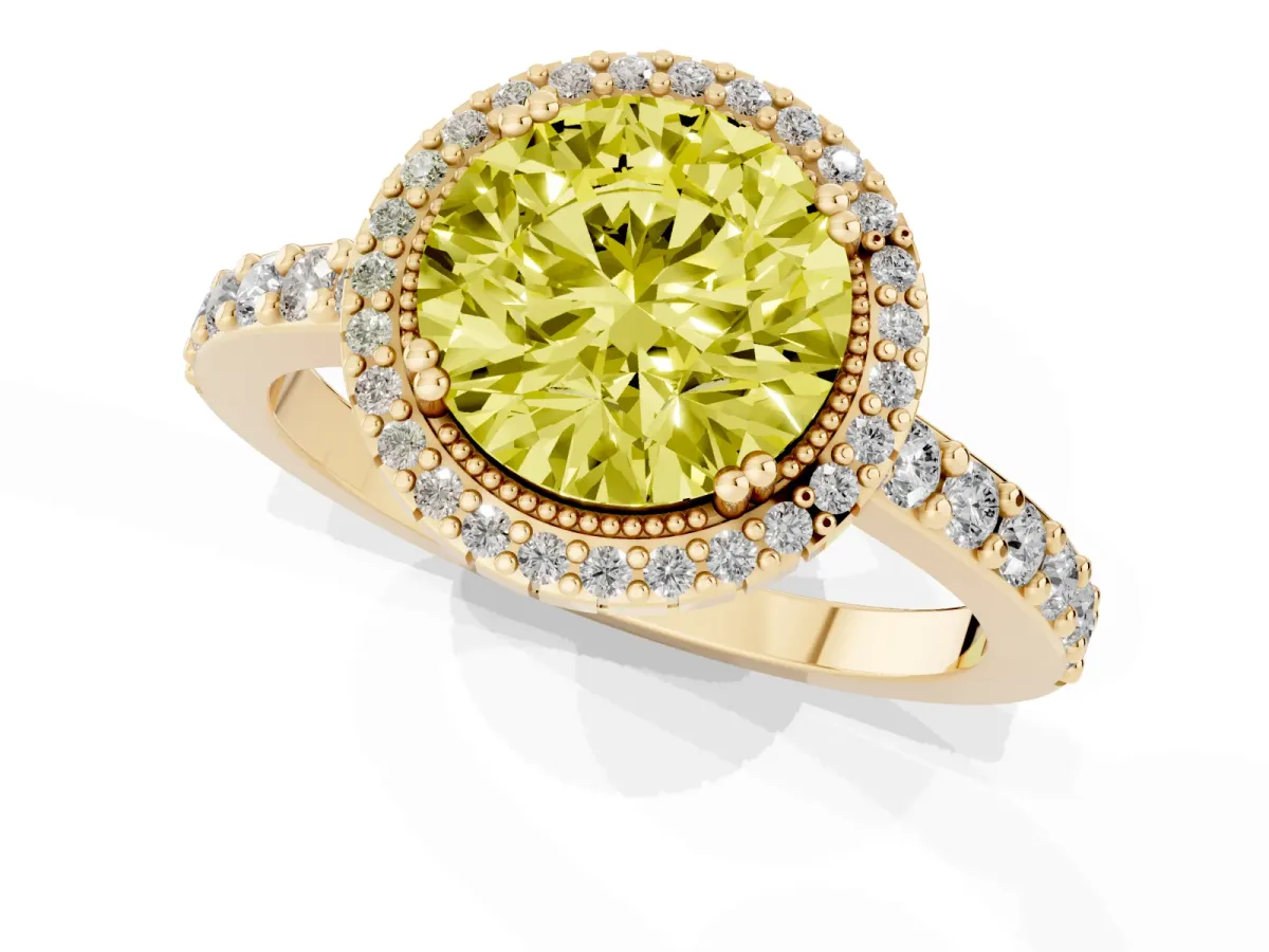 Fancy Yellow Round Cut Cut Diamond Halo Engagement Ring with Milgrain Detail and Pavé Band Yellow gold