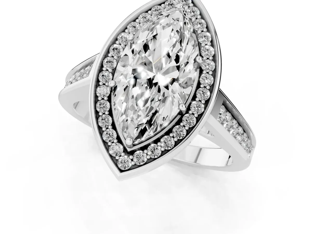 Marquise Cut Halo Solitaire Diamond Ring with Pave Band and Bezel Setting Silver