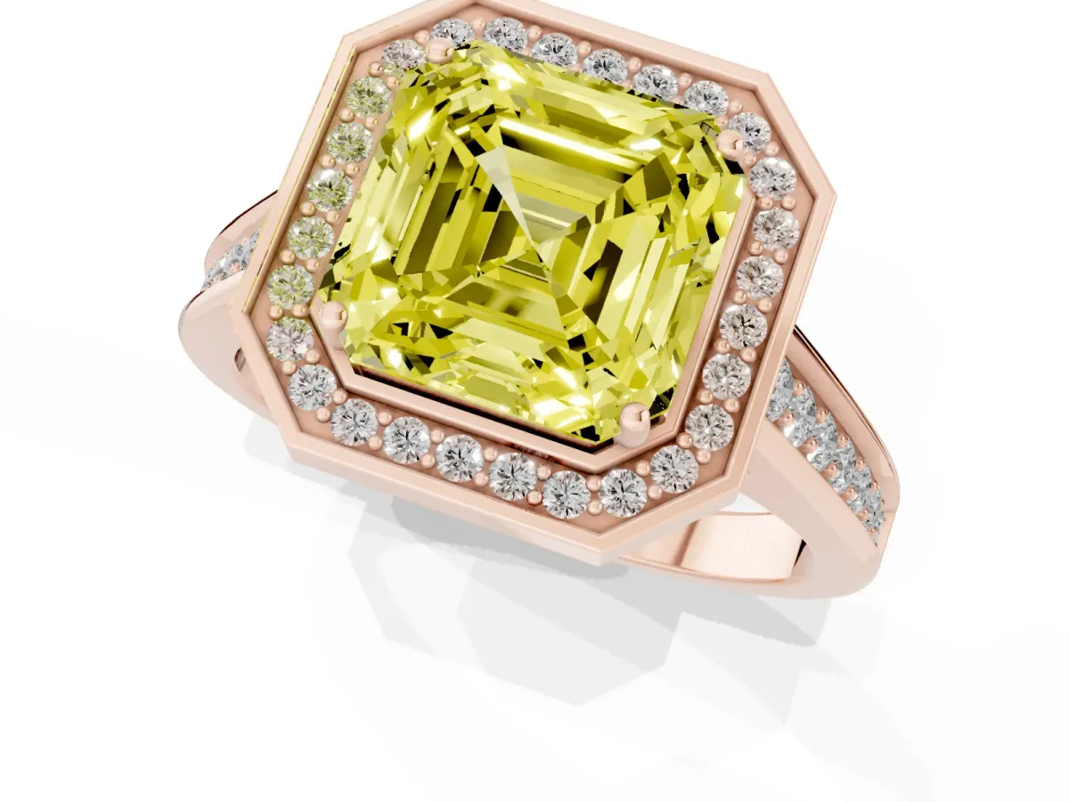 Fancy Yellow Asscher Cut Halo Solitaire Diamond Ring with Pave Band and Bezel Setting Rose gold