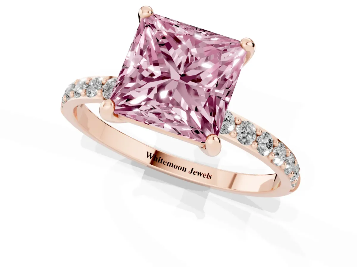 Fancy Pink Princess Cut Diamond Solitaire Ring with Round Pavé Band and Prong Setting Rose gold