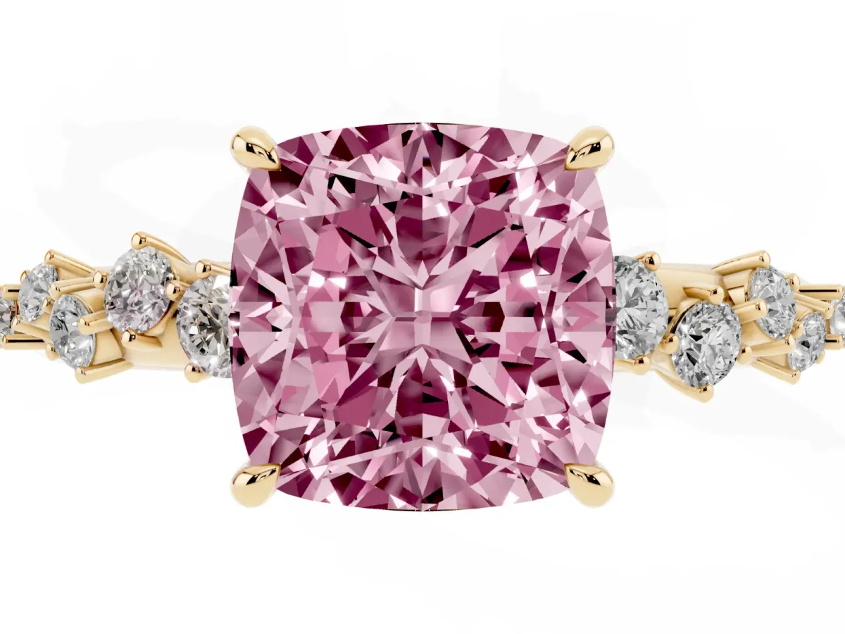 Fancy Pink Cushion Cut Diamond Cluster Side Stone Solitaire Ring with Prong Setting Yellow gold