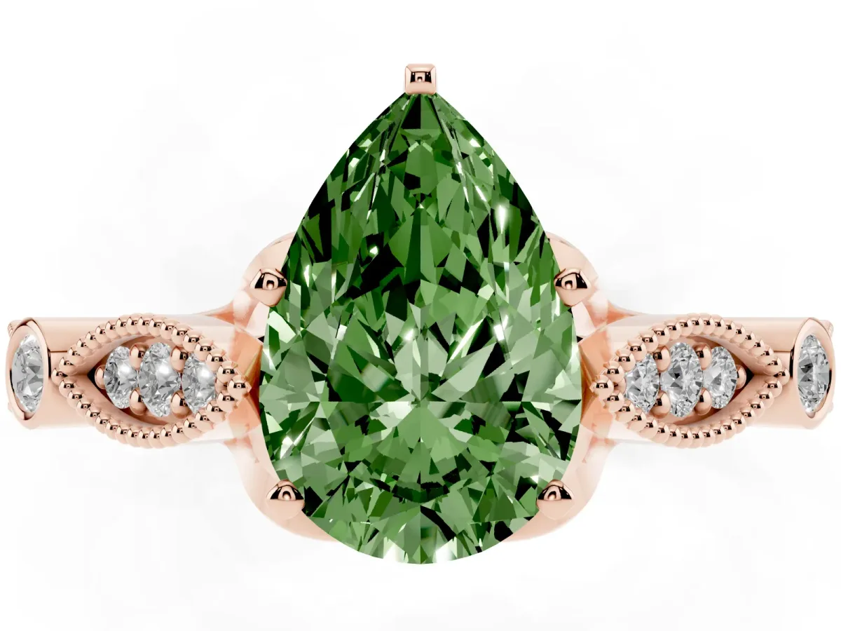 Fancy Green Pear Cut Cut Diamond with Milgrain Marquise and Bezel Accents on a Solitaire Band with Prong Setting Rose gold