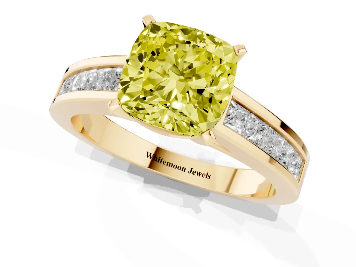 Fancy Yellow Cushion Cut Solitaire Diamond Ring with Channel-Set Band and Four-Prong Setting Yellow gold