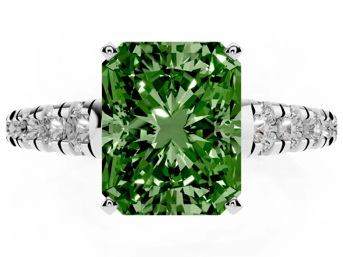 Fancy Green Radiant Cut Diamond Cathedral Solitaire Ring with Round Pavé Band Silver