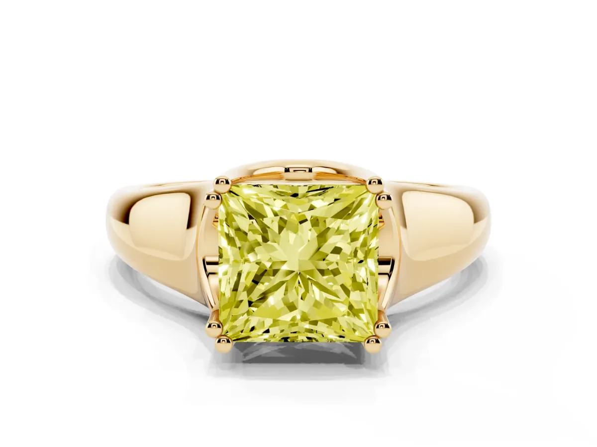 Fancy Yellow Princess Cut Diamond Solitaire Ring with Wide Band and Prong Setting Yellow gold