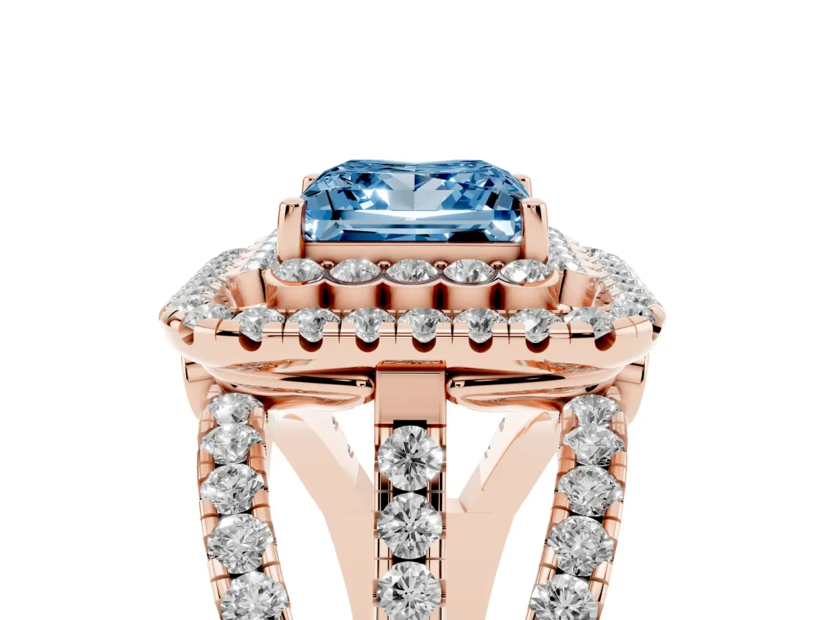 Fancy Blue Princess Cut Diamond Double Halo Ring with Round Pavé Split Shank and Prong Setting Rose gold