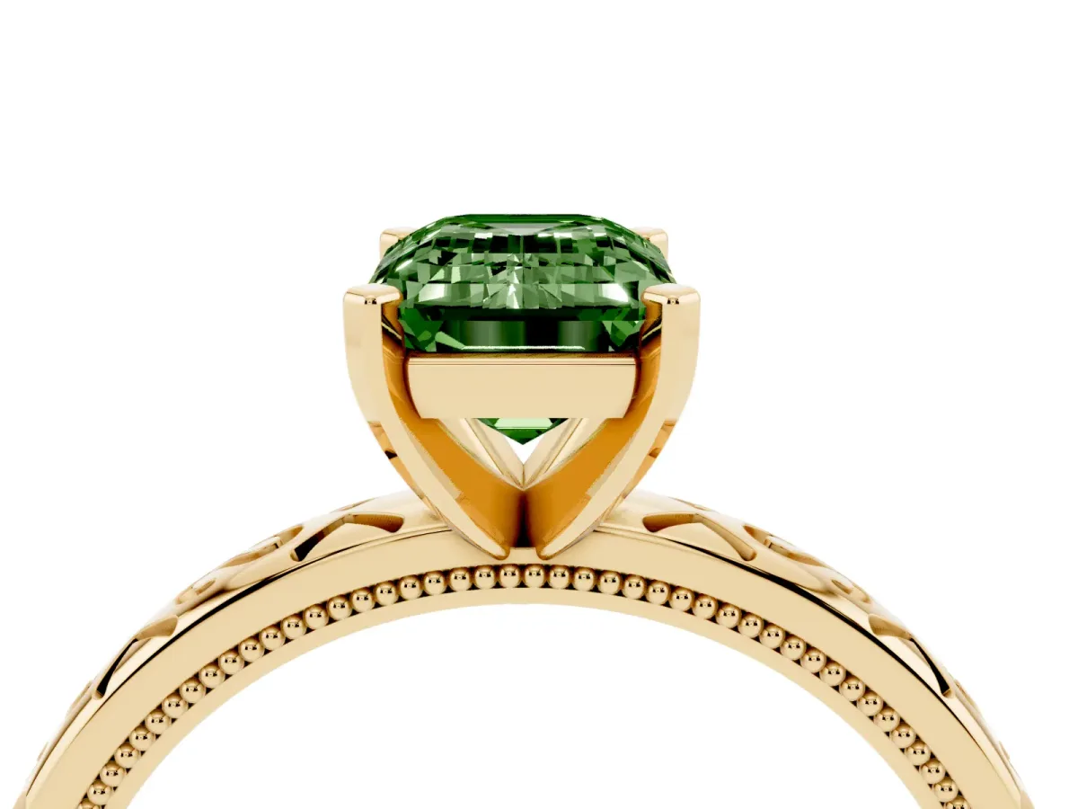 Fancy Green Emerald Cut Solitaire Engagement Ring with Scrollwork Band and Four-Prong Setting Yellow gold