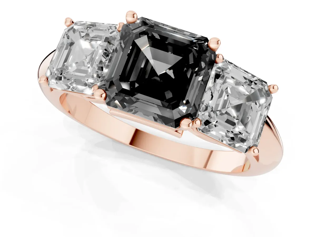 Fancy Black Three-Stone Asscher Cut Cut Diamond Engagement Ring with Prong Setting on a White Gold Band Rose gold