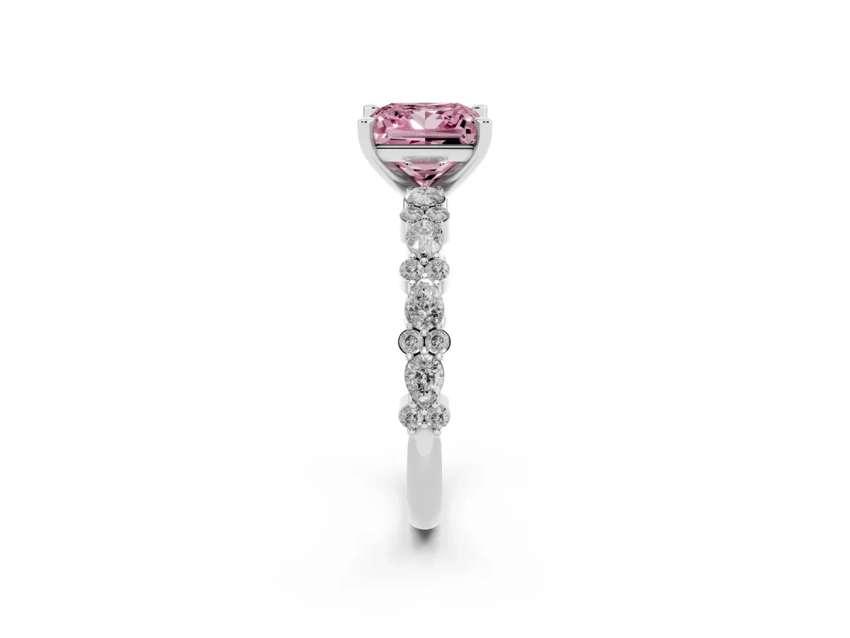 Fancy Pink Princess Cut Diamond Side Stone Solitaire Ring with Round and Four-Prong Setting Silver