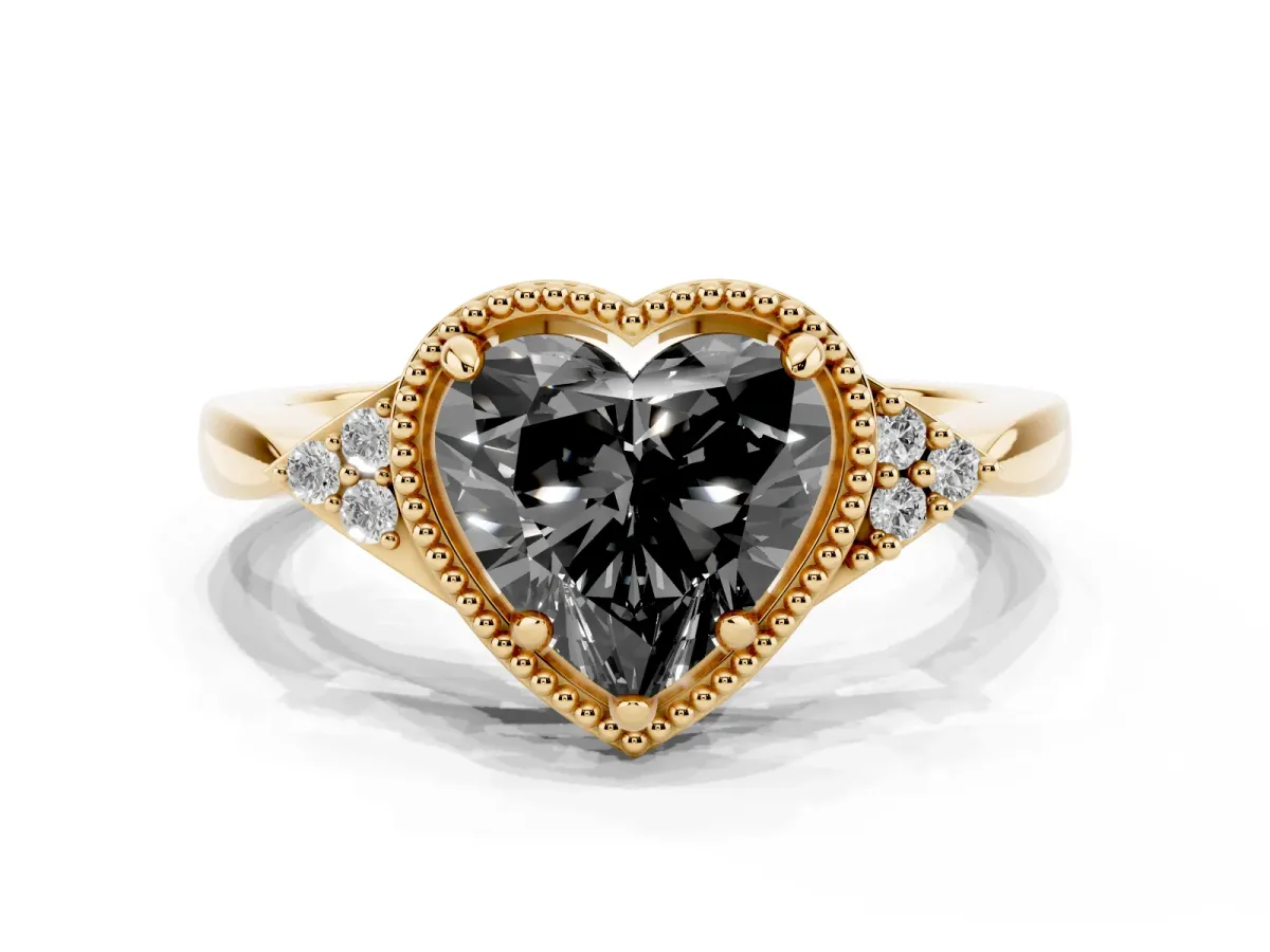 Fancy Black Hexagonal Halo Heart Cut Diamond Solitaire with Pavé Band and Four-Prong Setting Yellow gold