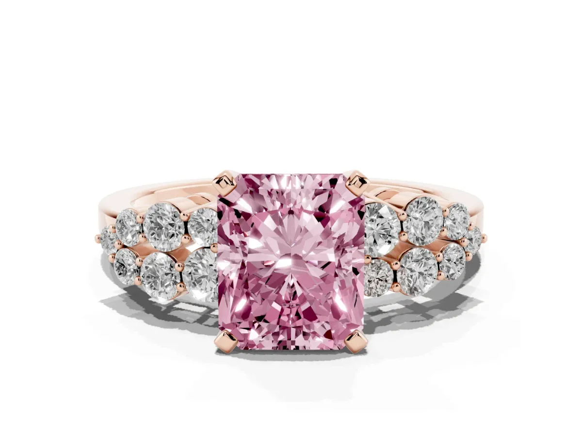 Fancy Pink Radiant Cut Cluster Diamond Engagement Ring with Pavé Band and Four-Prong Setting Rose gold