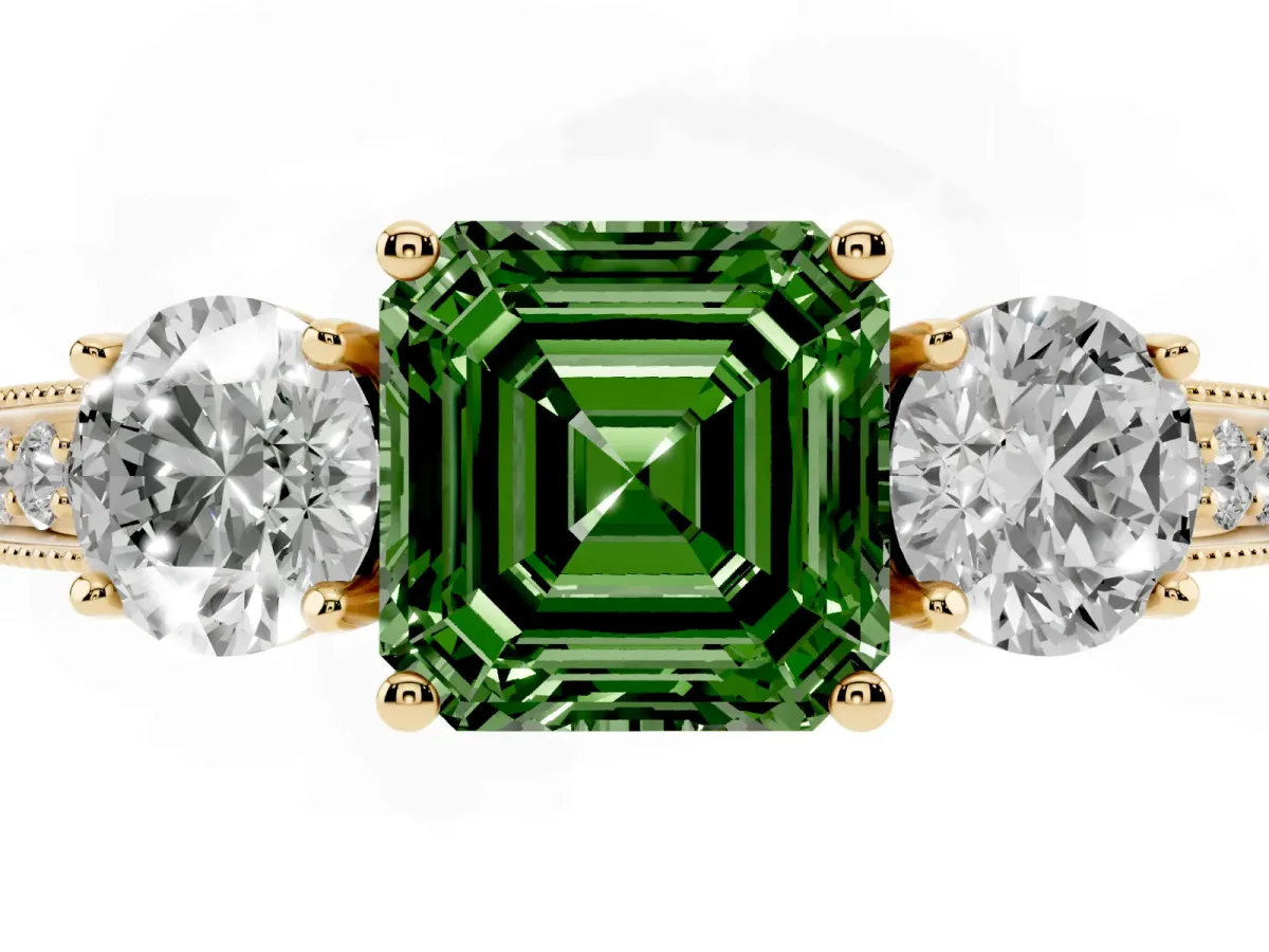 Fancy Green Asscher Cut Three-Stone Diamond Ring with Pavé Band and Four-Prong Setting Yellow gold