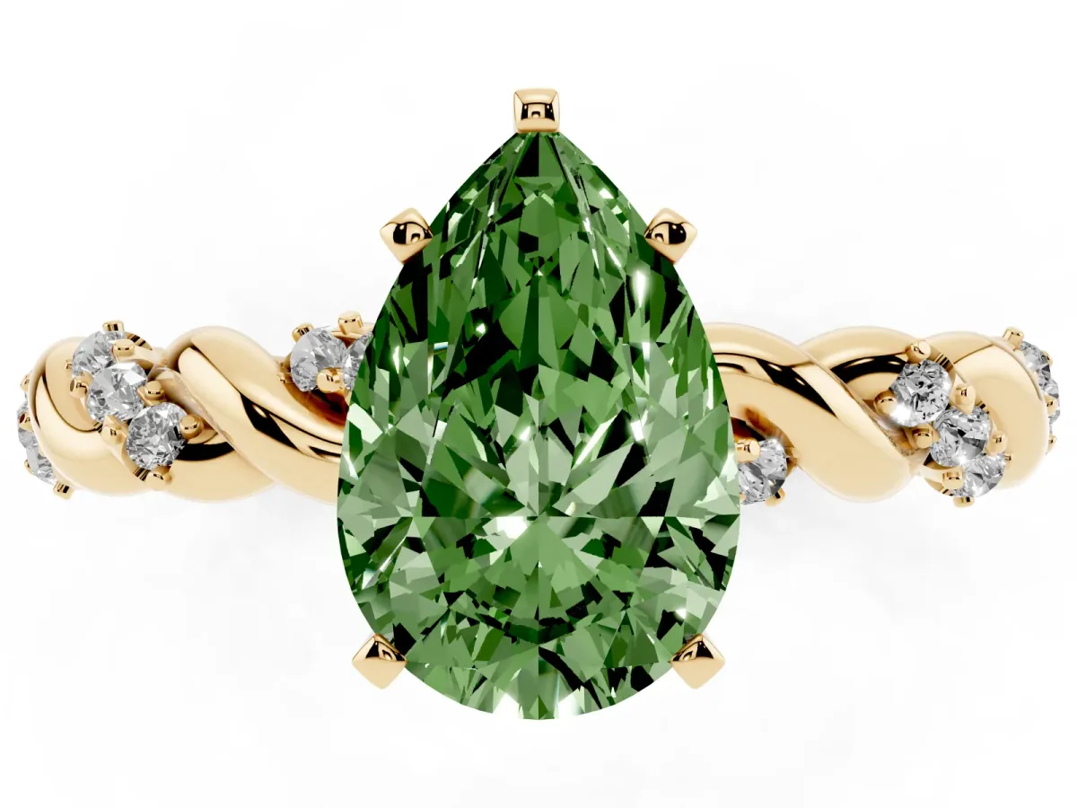 Fancy Green Pear Cut Diamond Solitaire Ring with Twisted Band and Pavé Accents Yellow gold