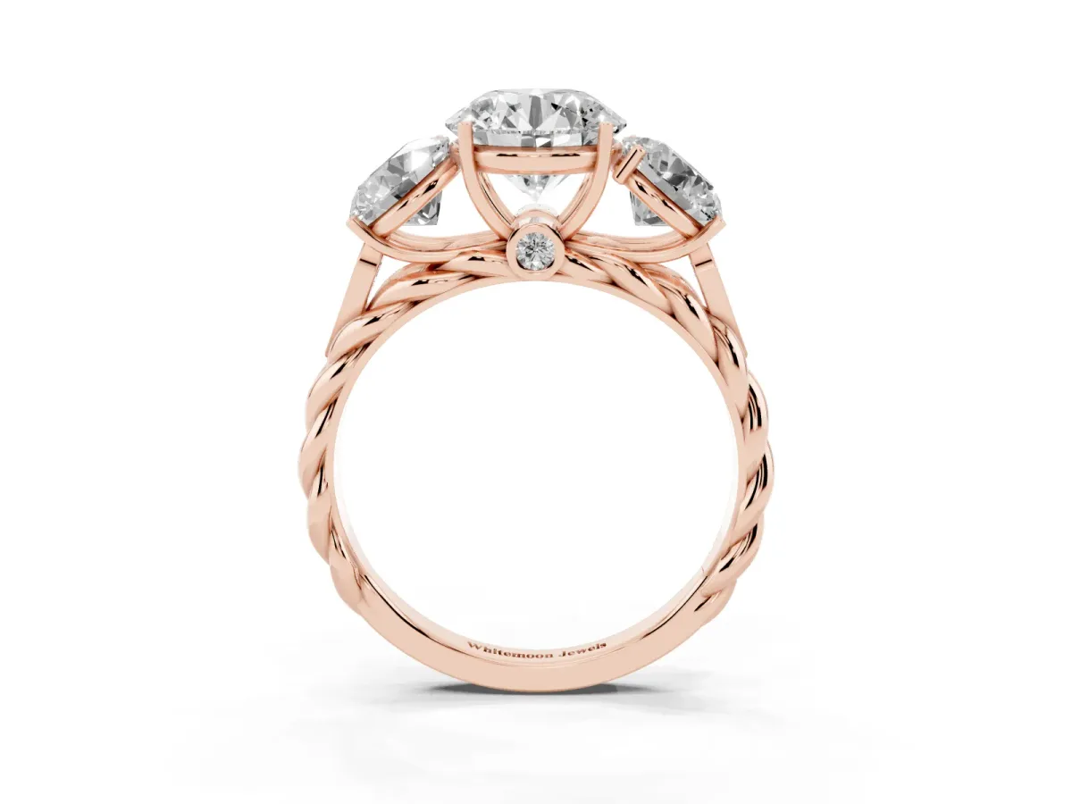 Three-Stone Round Cut Diamond Braided Band Ring with Four-Prong Setting Rose gold