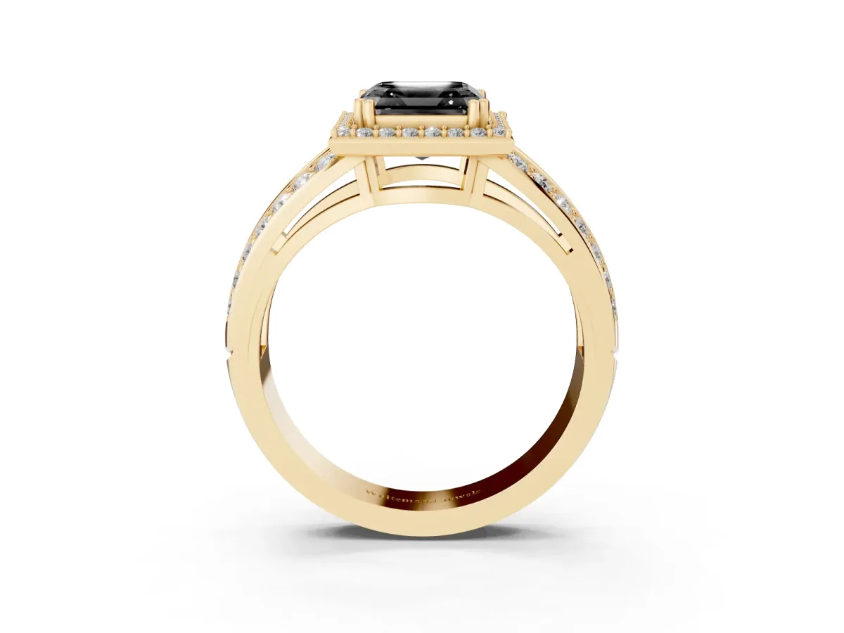 Fancy Black Asscher Cut Diamond Halo Ring with Split Shank Pavé Band and Four-Prong Setting Yellow gold