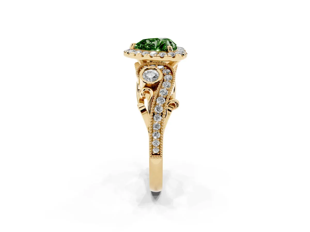 Fancy Green Heart Cut Diamond Halo Ring with Milgrain Pavé Band and Four-Prong Setting Yellow gold