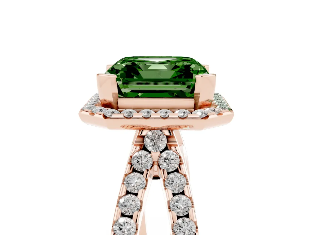 Fancy Green Asscher Cut Diamond Halo Ring with Split Shank Pavé Band and Prong Setting Rose gold