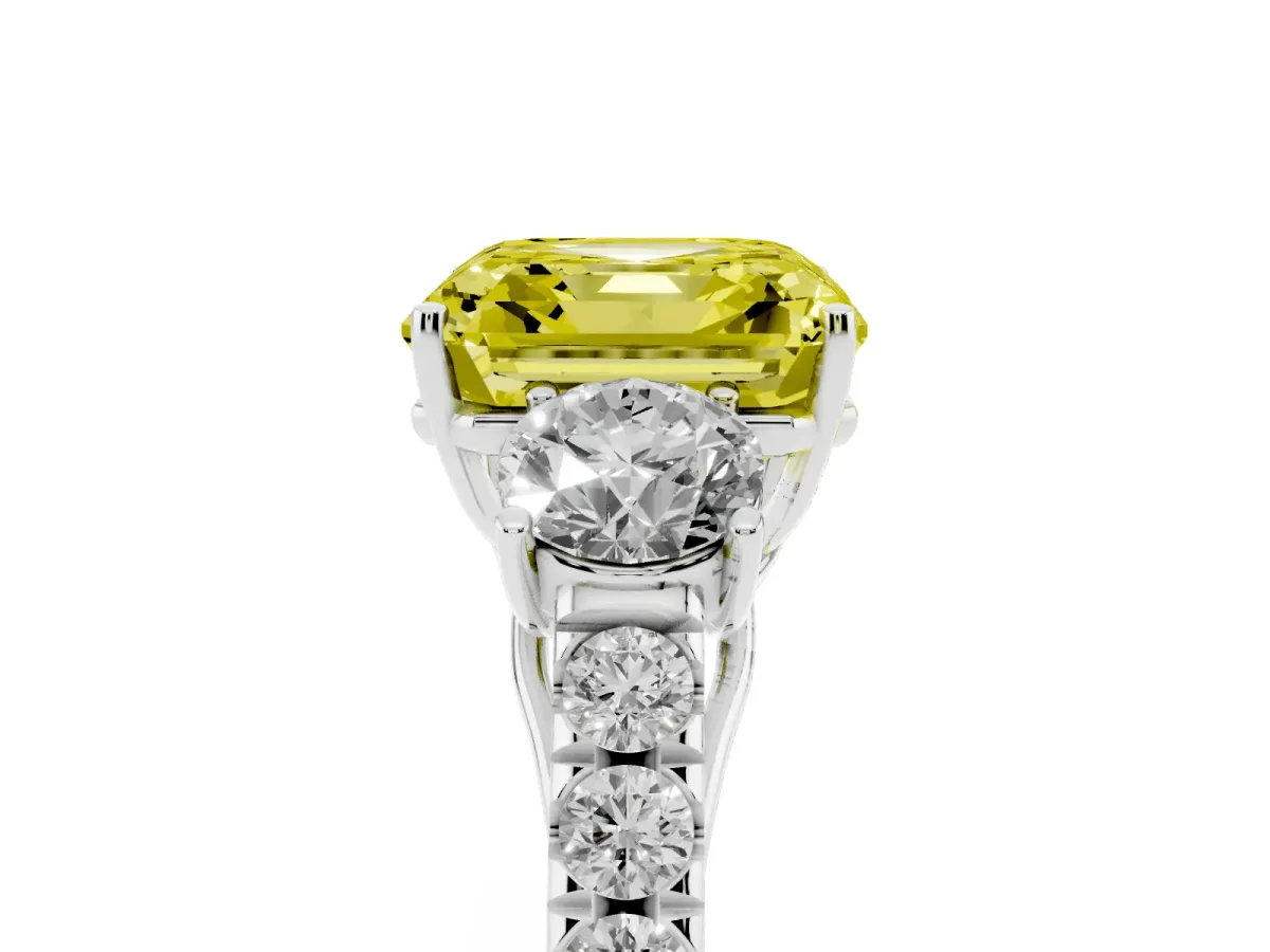 Fancy Yellow Asscher Cut Cut Diamond Three-Stone Ring with Round Side Stones and Pavé Band Silver
