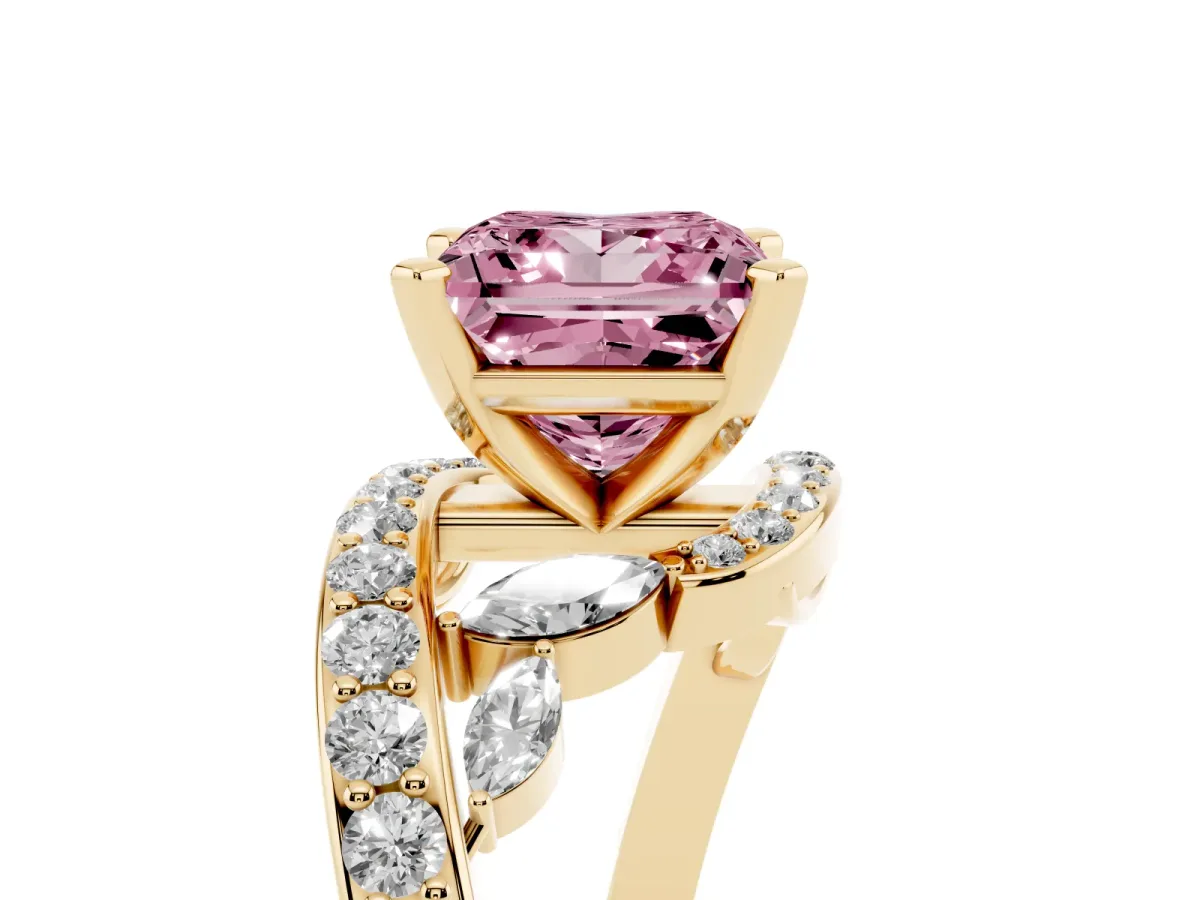 Fancy Pink Princess Cut Solitaire with Pavé Twist Band and Four-Prong Setting Yellow gold