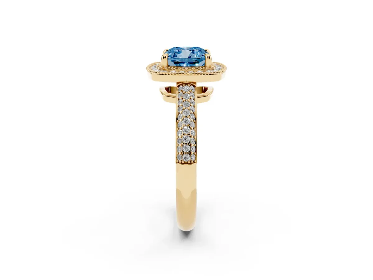 Fancy Blue Cushion Cut Cut Halo Diamond Pave Band with Four-Prong Setting Yellow gold