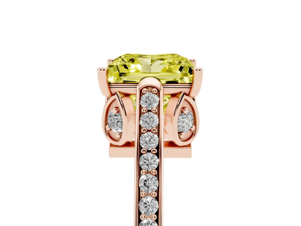 Fancy Yellow Princess Cut Cut Cathedral Pave Diamond Engagement Ring with Six-Prong Setting Rose gold