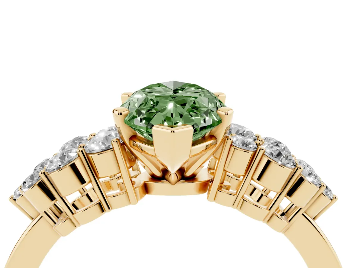 Fancy Green Marquise Cut Cluster Diamond Engagement Ring with Pavé Band and Four-Prong Setting Yellow gold