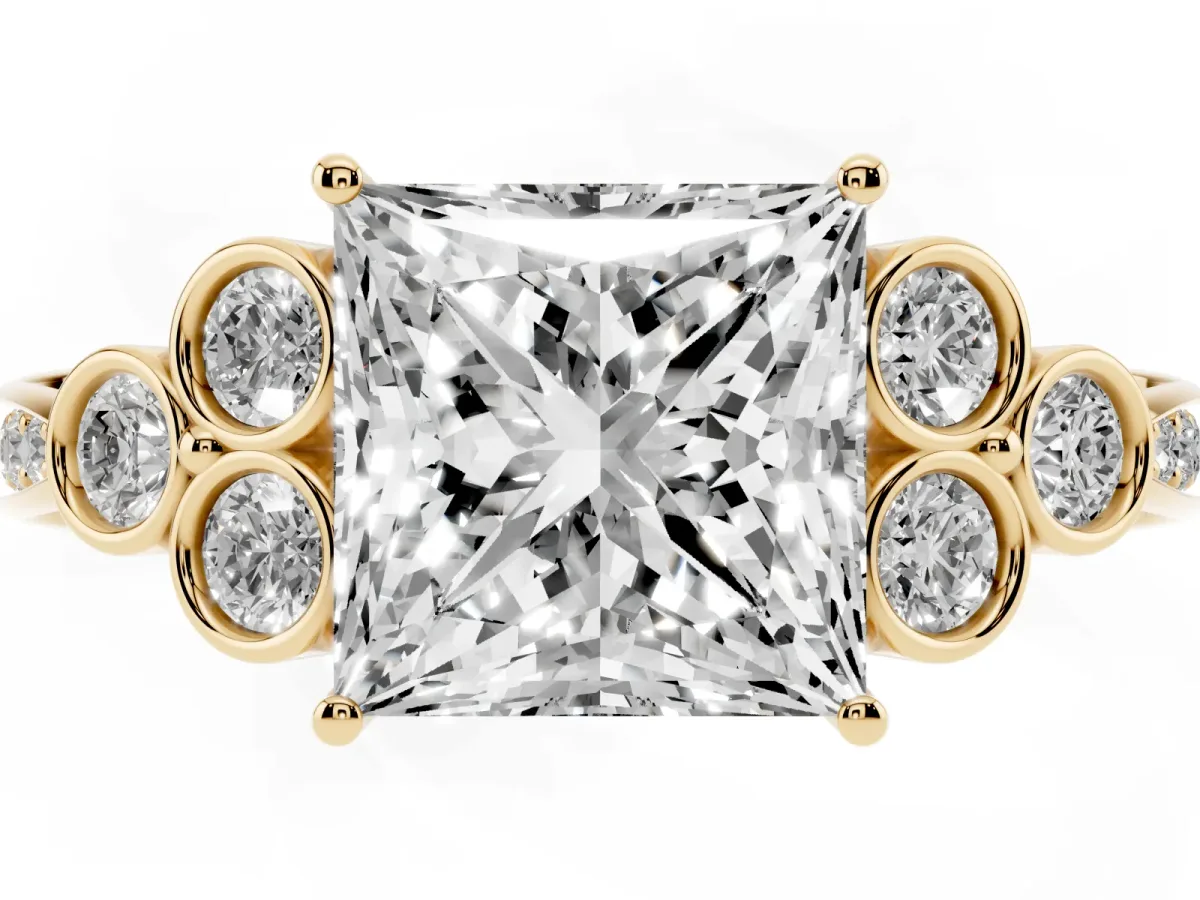 Princess Cut Cut Diamond Engagement Ring with Bezel Set Round Side Stones and Prong Setting Yellow gold