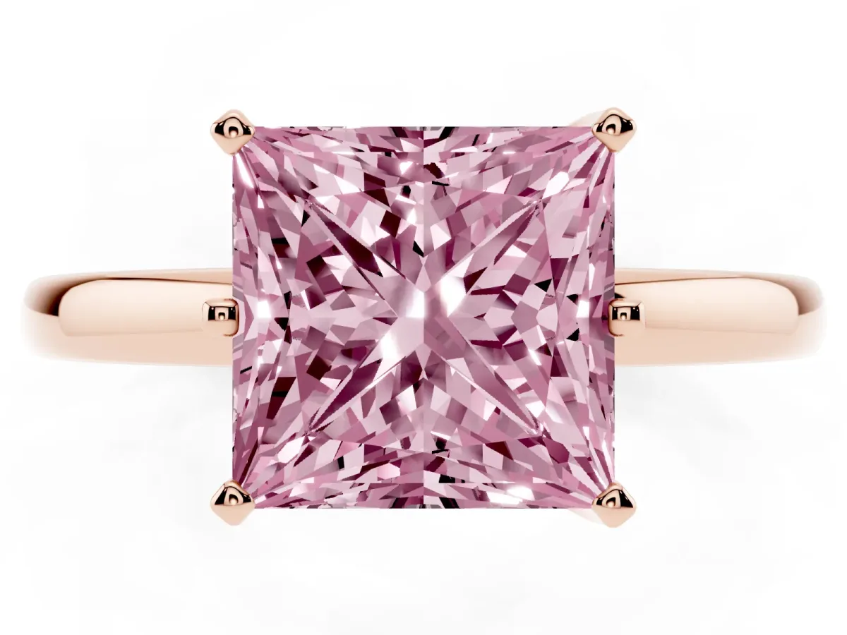 Fancy Pink Princess Cut Solitaire Diamond Ring with Six-Prong Setting on a Classic Band Rose gold