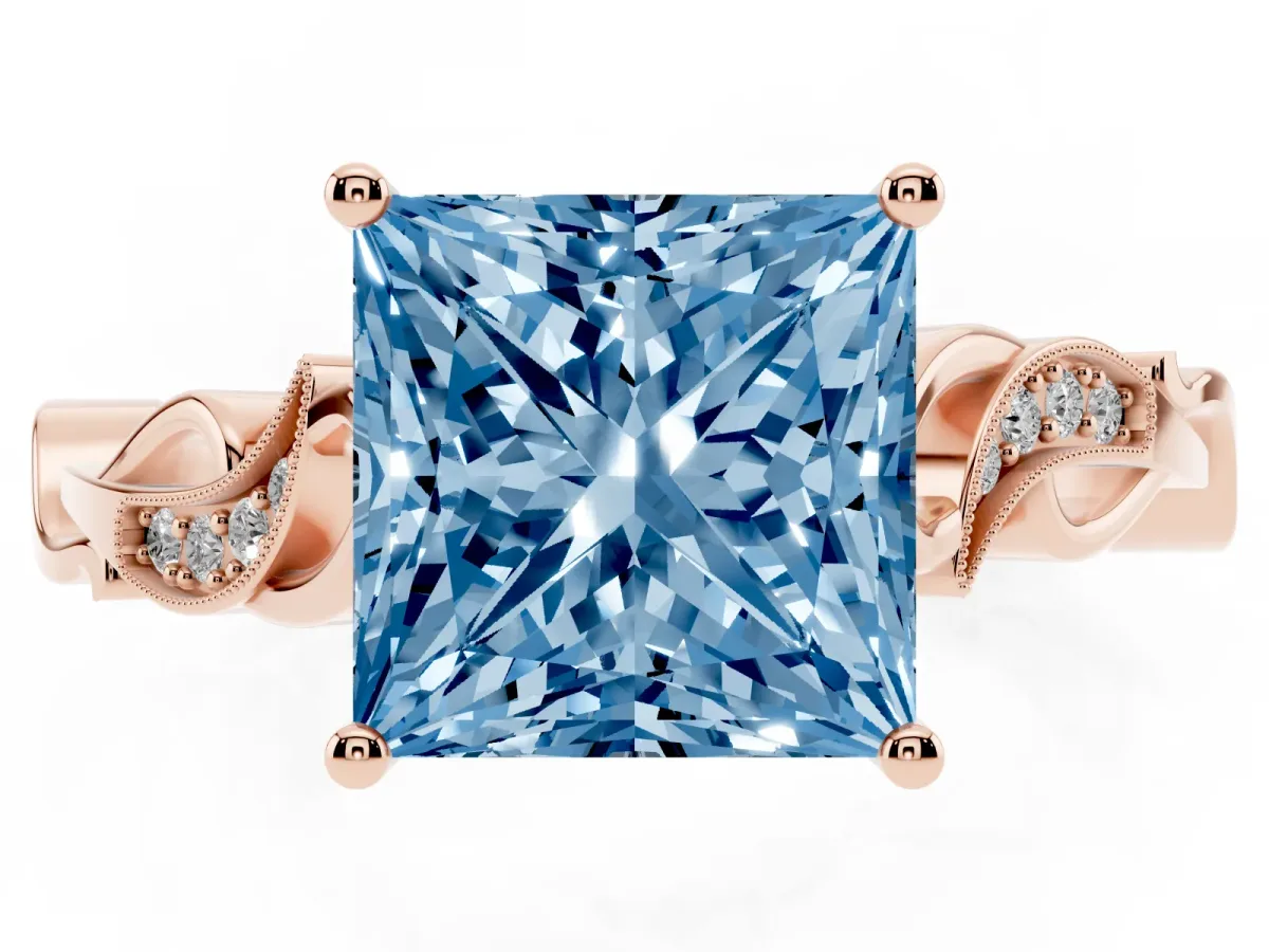 Fancy Blue Princess Cut Solitaire Vine Band with Milgrain Prong Setting Rose gold