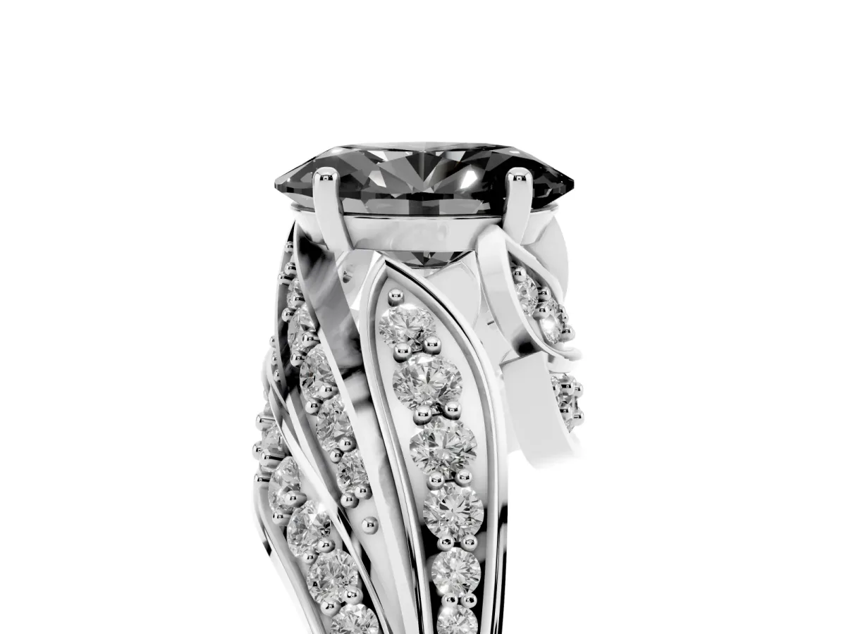 Fancy Black Oval Cut Diamond Solitaire Ring with Prong Setting and Twisted Pavé Band Silver