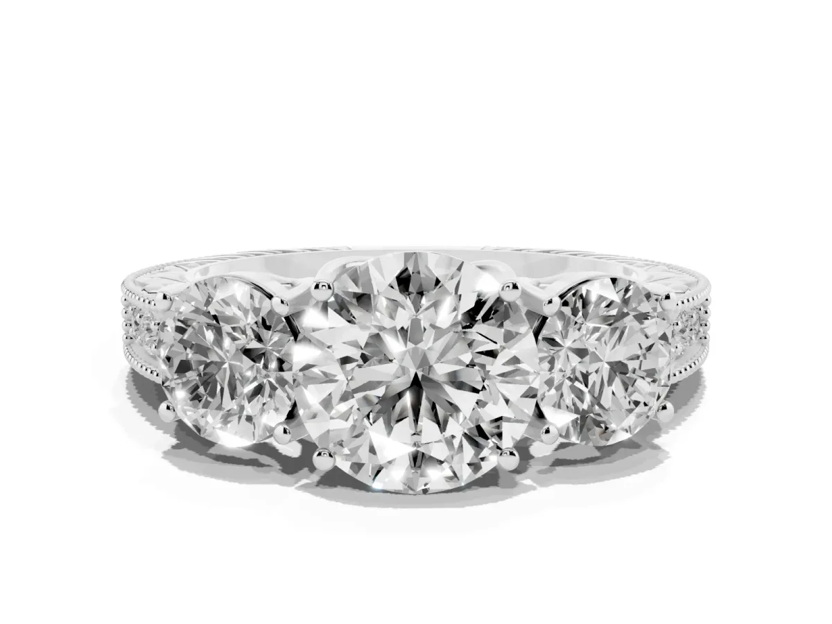 Three-Stone Round Cut Cut Milgrain Pavé Engagement Ring Silver