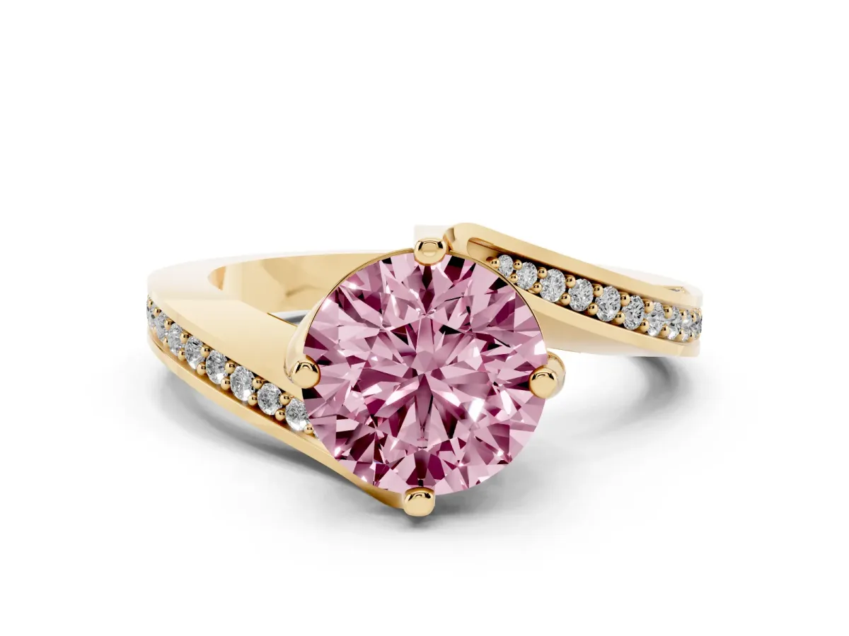 Fancy Pink Round Cut Solitaire Diamond Twist Band with Pavé Setting and Four-Prong Setting Yellow gold