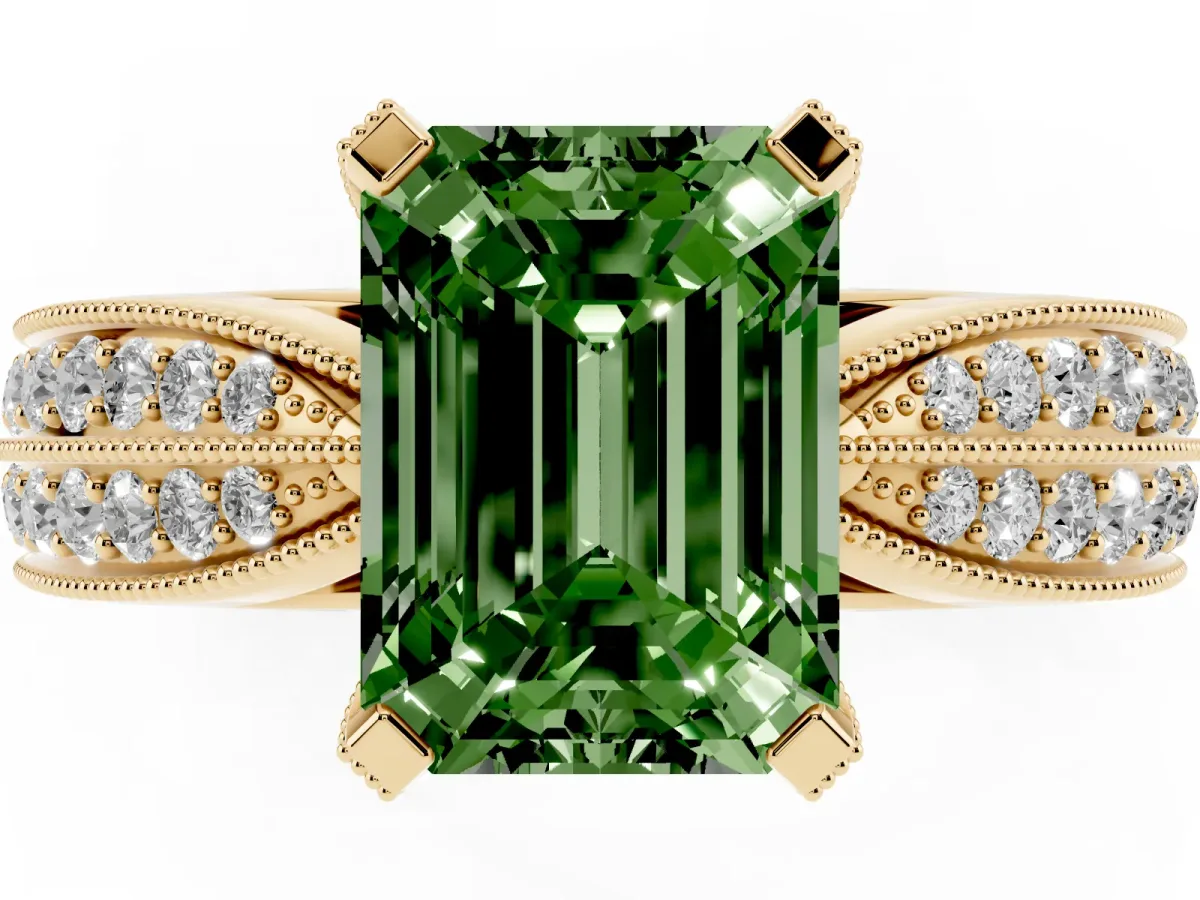 Fancy Green Emerald Cut Diamond Solitaire Ring with Milgrain Round Pavé Band and Prong Setting Yellow gold