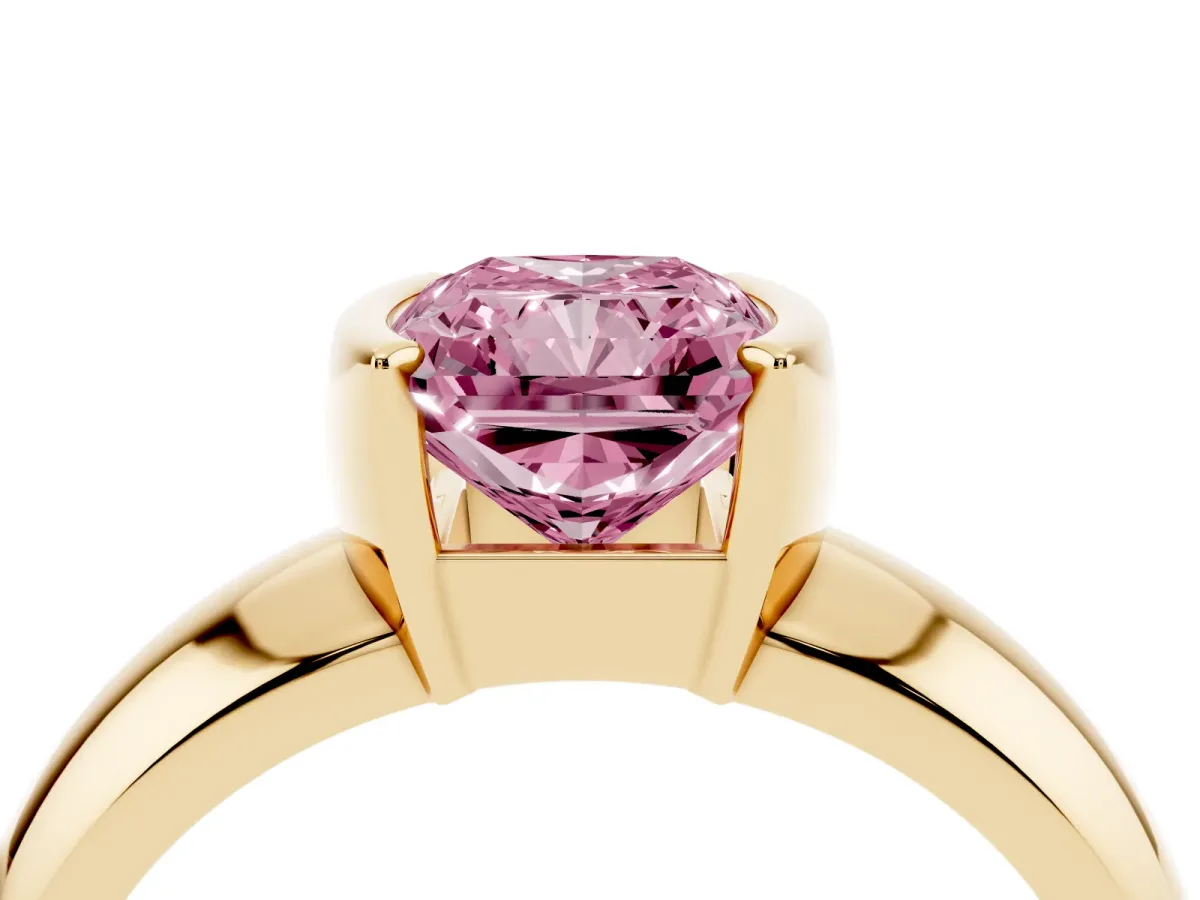 Fancy Pink Radiant Cut Solitaire Tension Set Diamond Ring with Wide Band Yellow gold