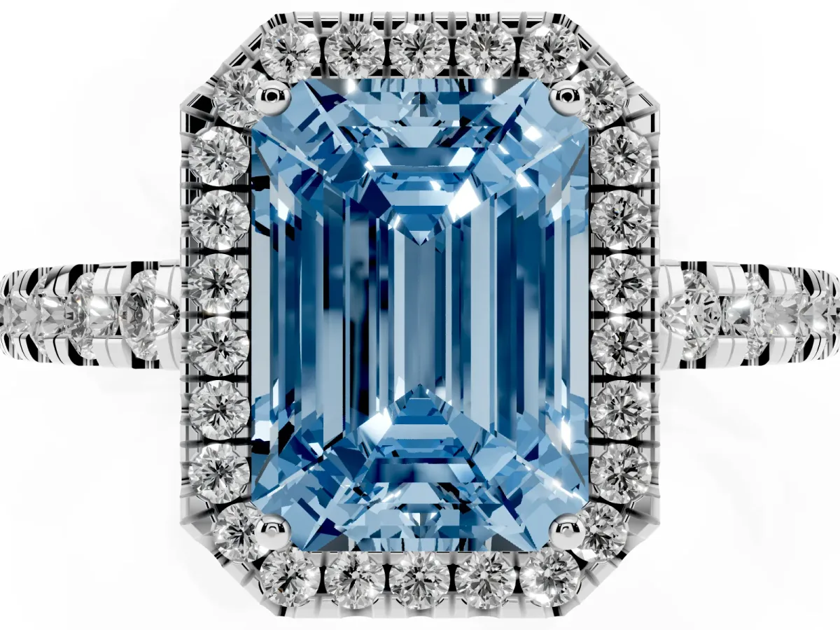 Fancy Blue Emerald Cut Diamond Halo Ring with Pavé Band and Four-Prong Setting White gold