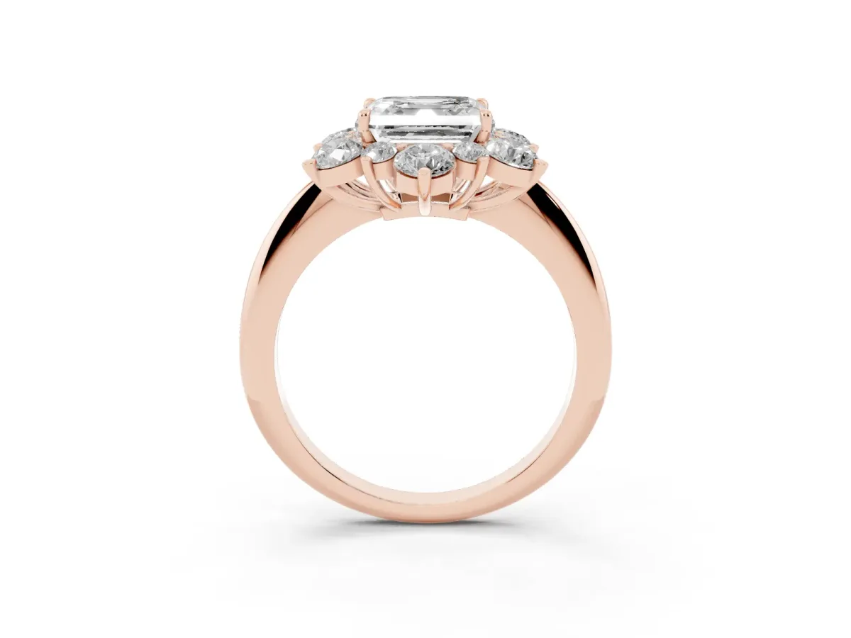Asscher Cut Diamond Cluster Halo Ring with Solitaire Band and Four-Prong Setting Rose gold