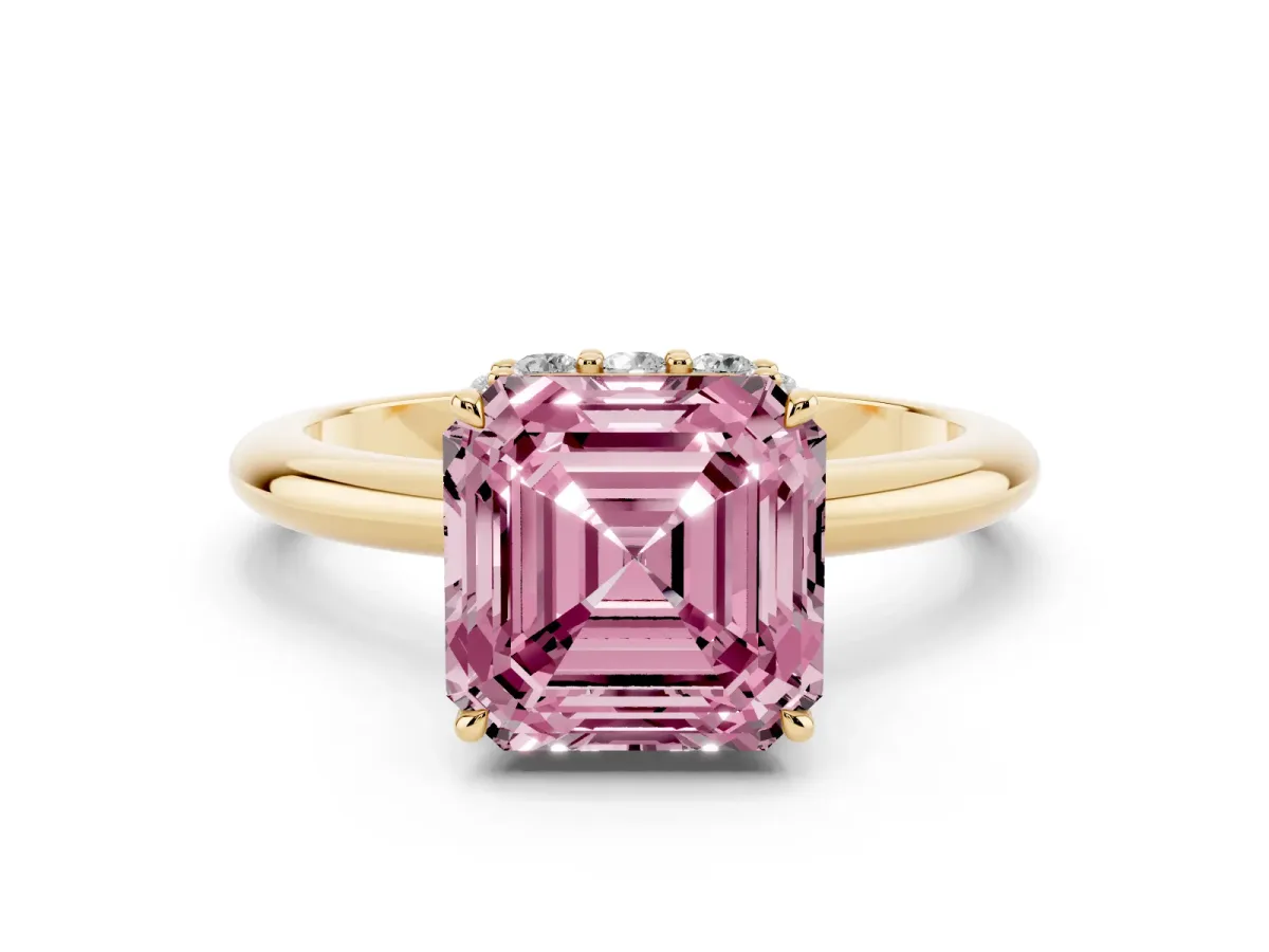 Fancy Pink Asscher Cut Brilliant Solitaire Engagement Ring with Six-Prong Setting and Classic Band Yellow gold