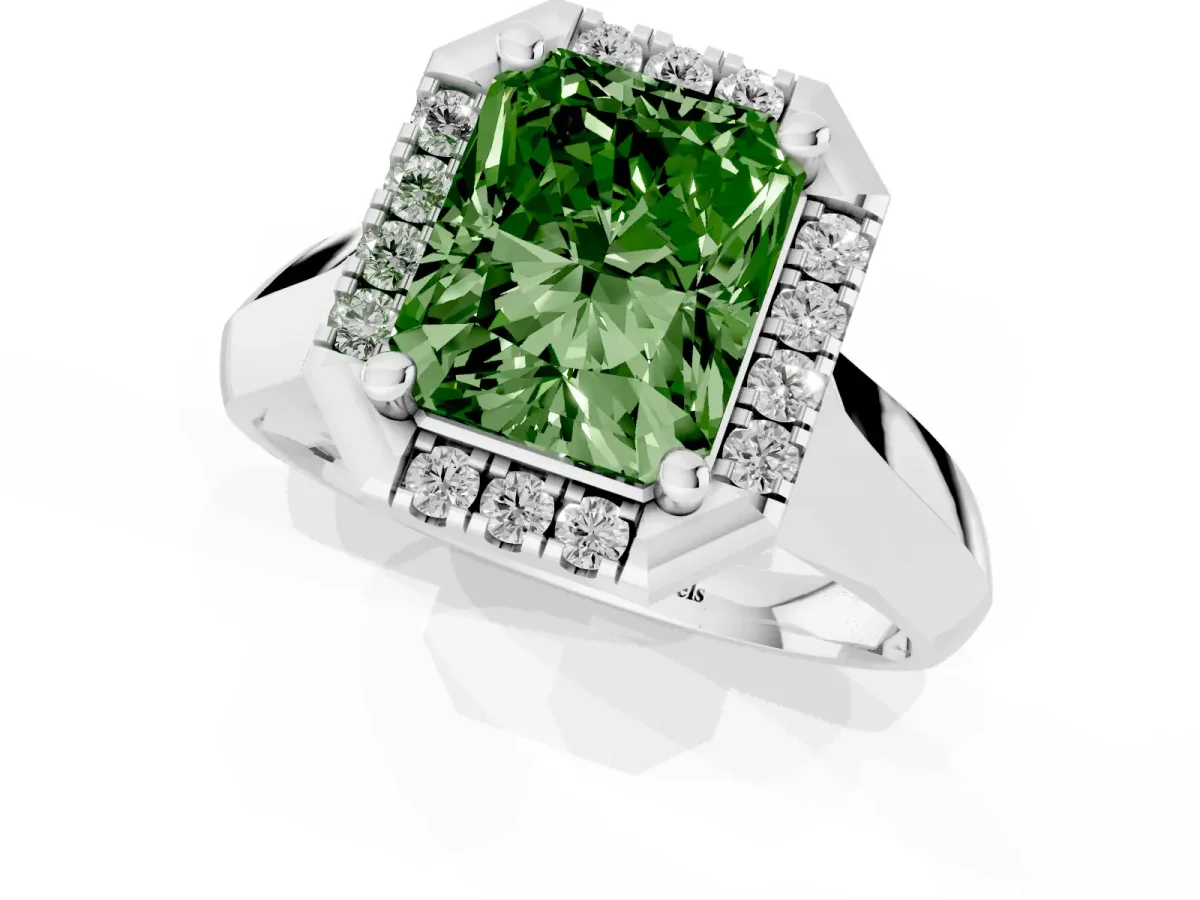 Fancy Green Radiant Cut Cut Halo Solitaire Engagement Ring with Square Band and Four-Prong Setting Silver