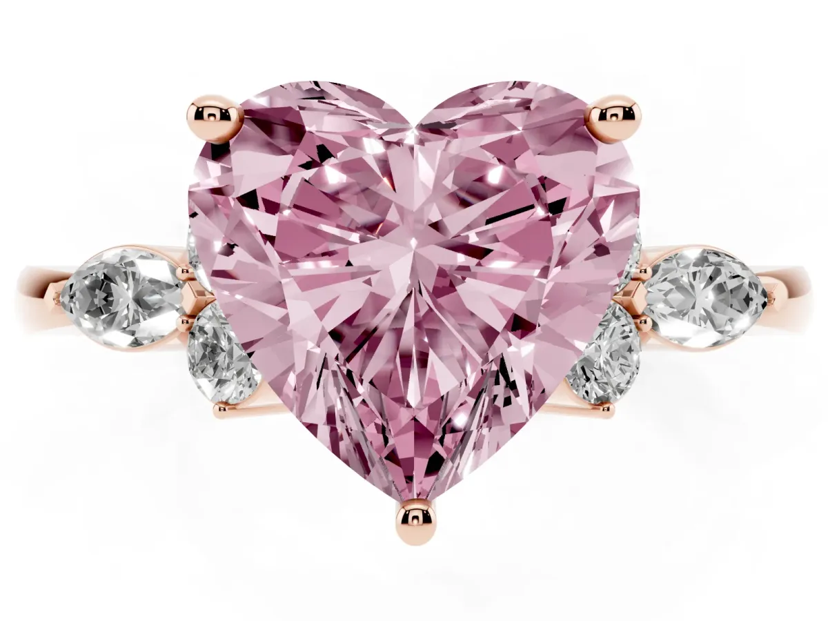 Fancy Pink Heart Cut Brilliant Diamond Solitaire Ring with Pear Side Stones and Four-Prong Setting Rose gold