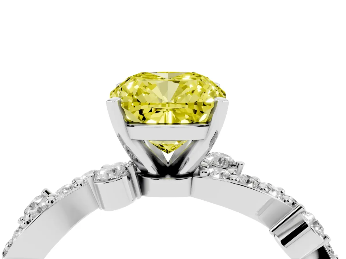 Fancy Yellow Cushion Cut Cut Solitaire Diamond Twisted Band with Pave Setting Silver