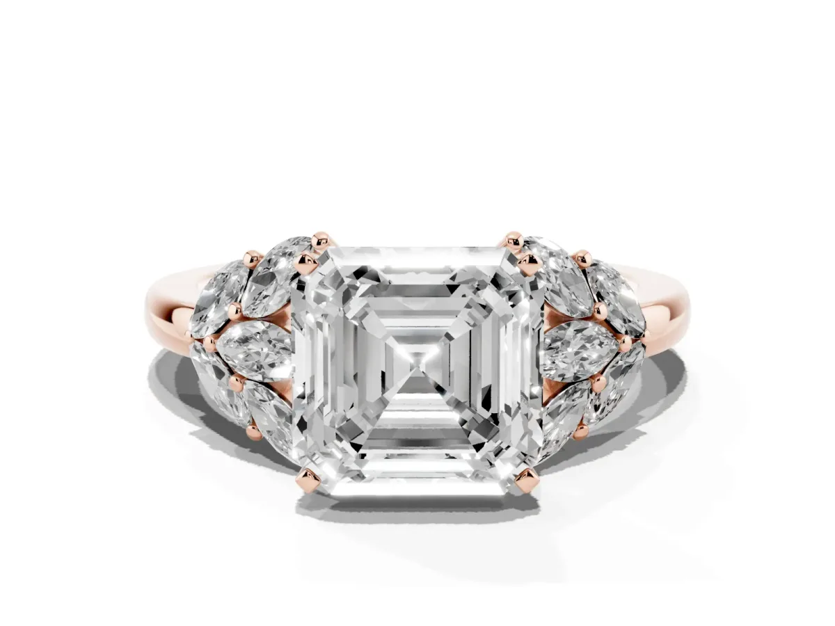 Asscher Cut Diamond Cluster Leaf Design Ring with Prong Setting Rose gold