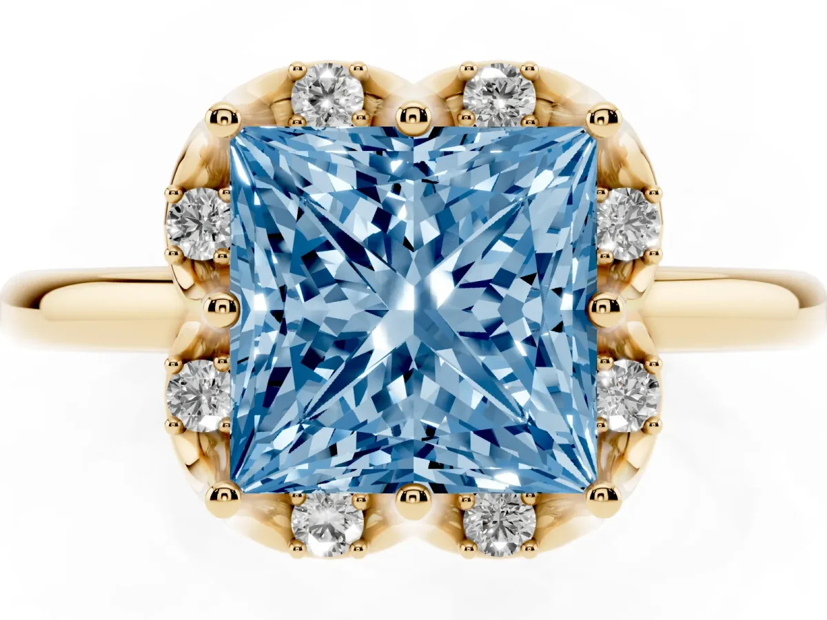 Fancy Blue Princess Cut Halo Diamond Ring with Round Cluster Setting, Solitaire Band, and Four-Prong Setting Yellow gold
