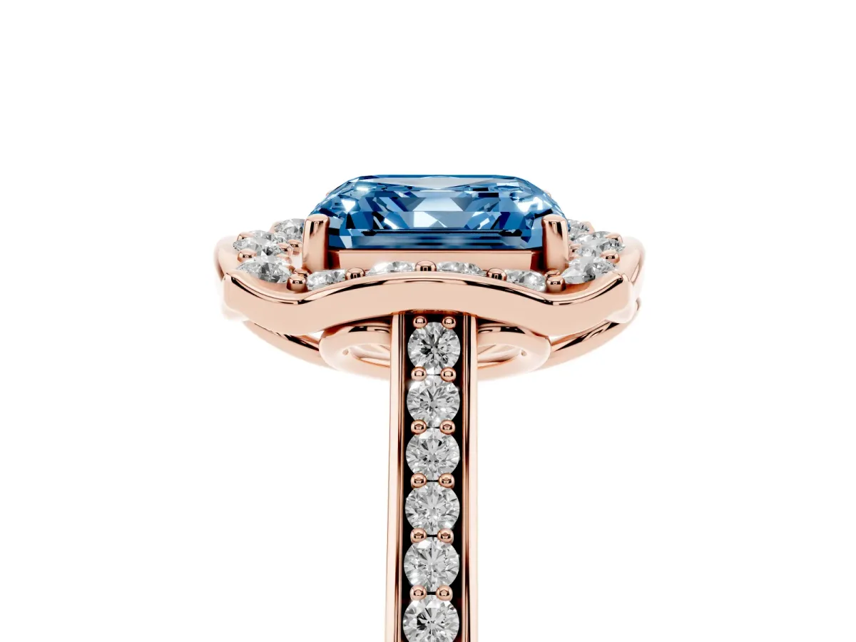 Fancy Blue Asscher Cut Halo Round Diamond Pave Band with Four-Prong Setting Rose gold