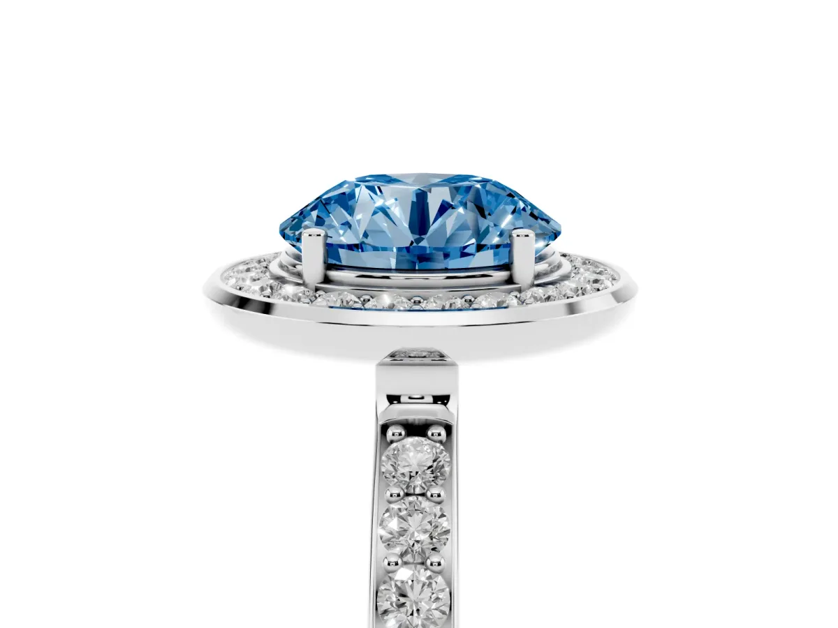 Fancy Blue Round Cut Diamond Halo Ring with Bezel Frame and Pavé Band Silver