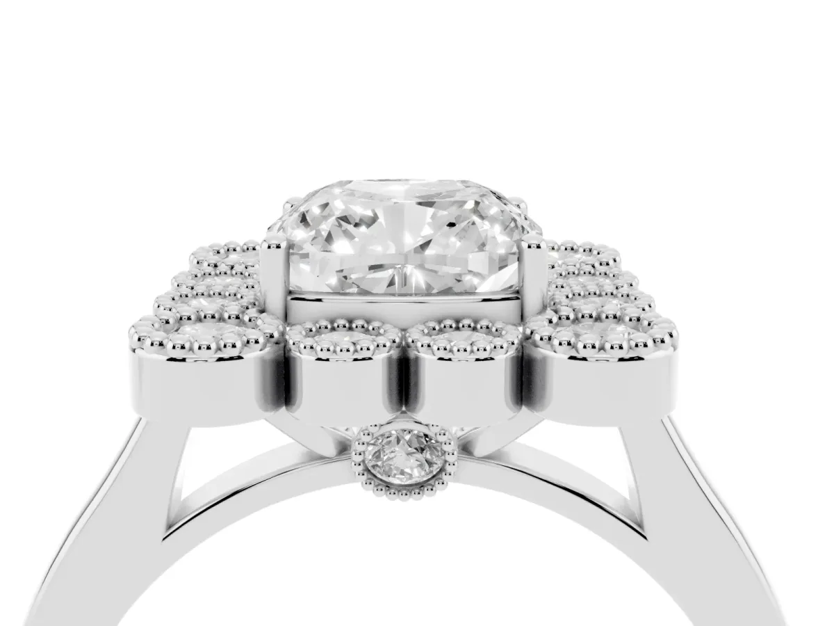 Cushion Cut Halo Diamond Cluster Engagement Ring with Milgrain Bezel Setting and Solitaire Band Platinum