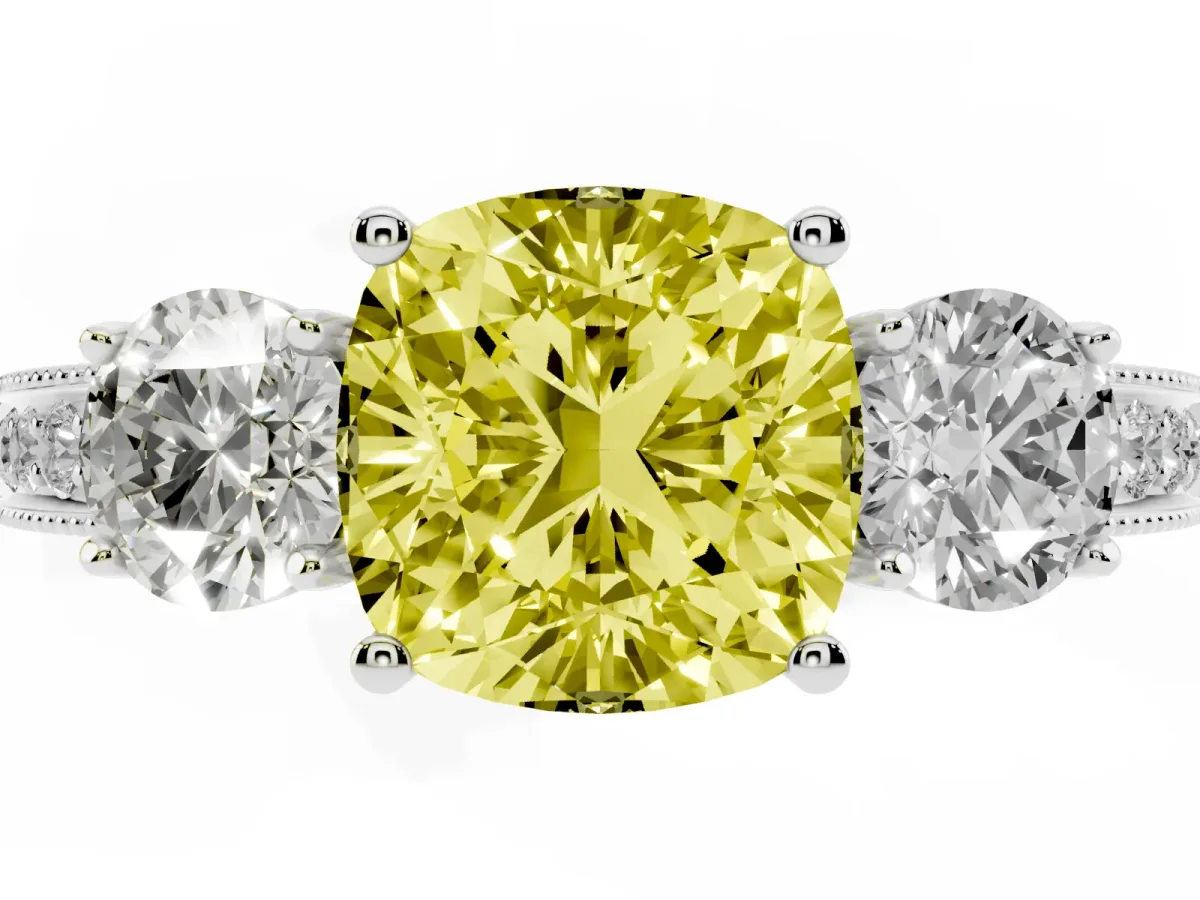 Fancy Yellow Cushion Cut Three-Stone Diamond Ring with Pavé Band and Four-Prong Setting Silver