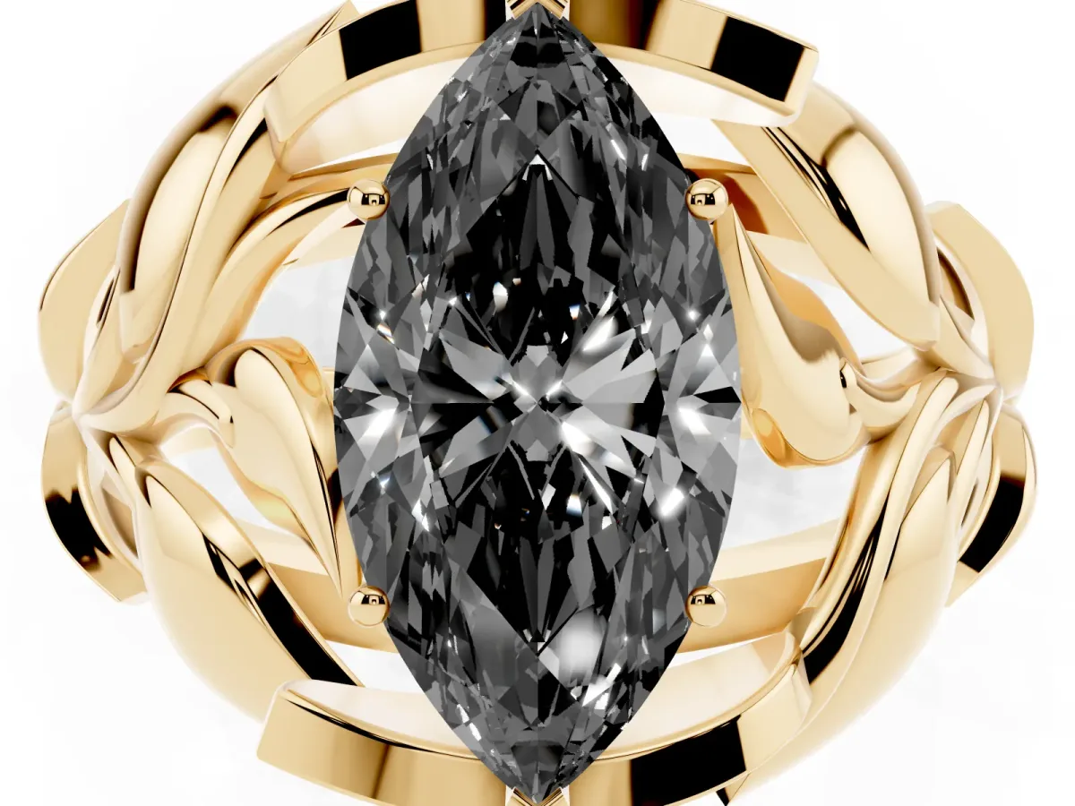 Fancy Black Marquise Cut Diamond Leaf-Inspired Engagement Ring with Round Accents and Prong Setting Yellow gold
